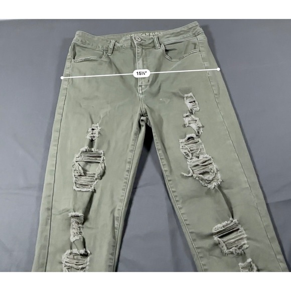 American Eagle Hi-Rise Jegging Olive Green Distressed Super Stretch Jeans Sze 12 - Picture 3 of 11